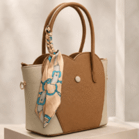Two-Tone Scarf Handle Structured Tote Bag