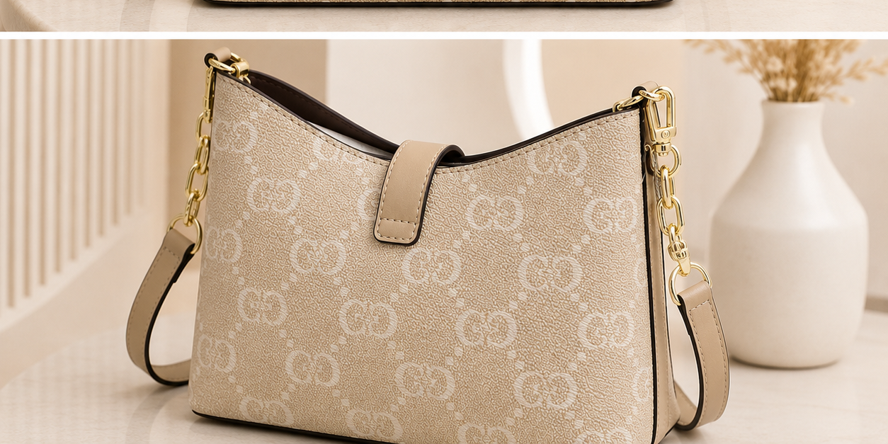Elegant Beige Monogram Chain Shoulder Bag - angle view