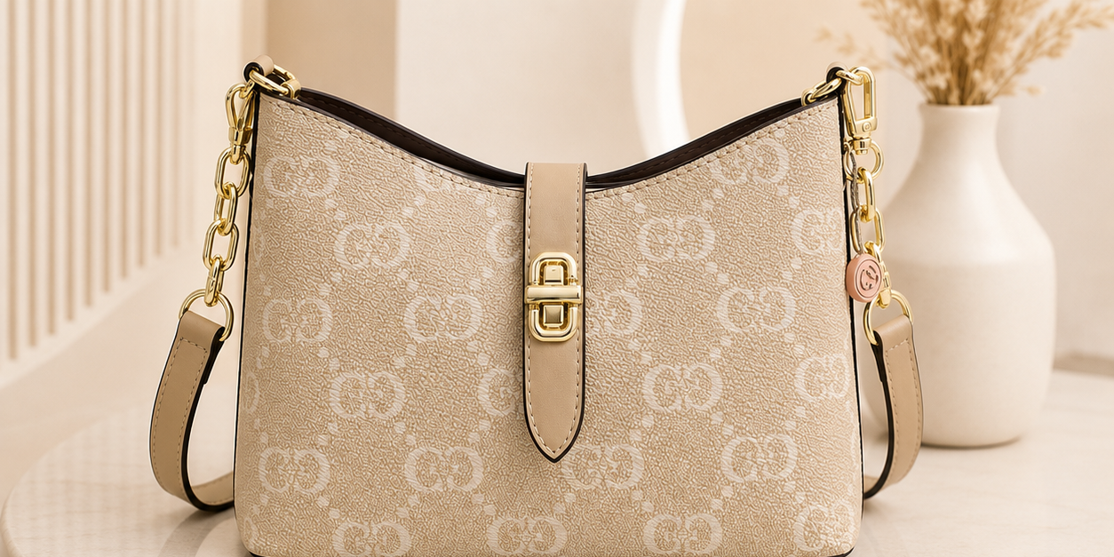Elegant Beige Monogram Chain Shoulder Bag - front view