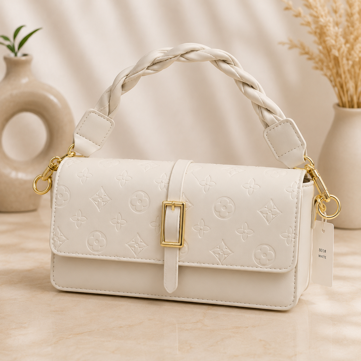 Elegant Ivory Embossed Braided Handle Shoulder Bag - angle view